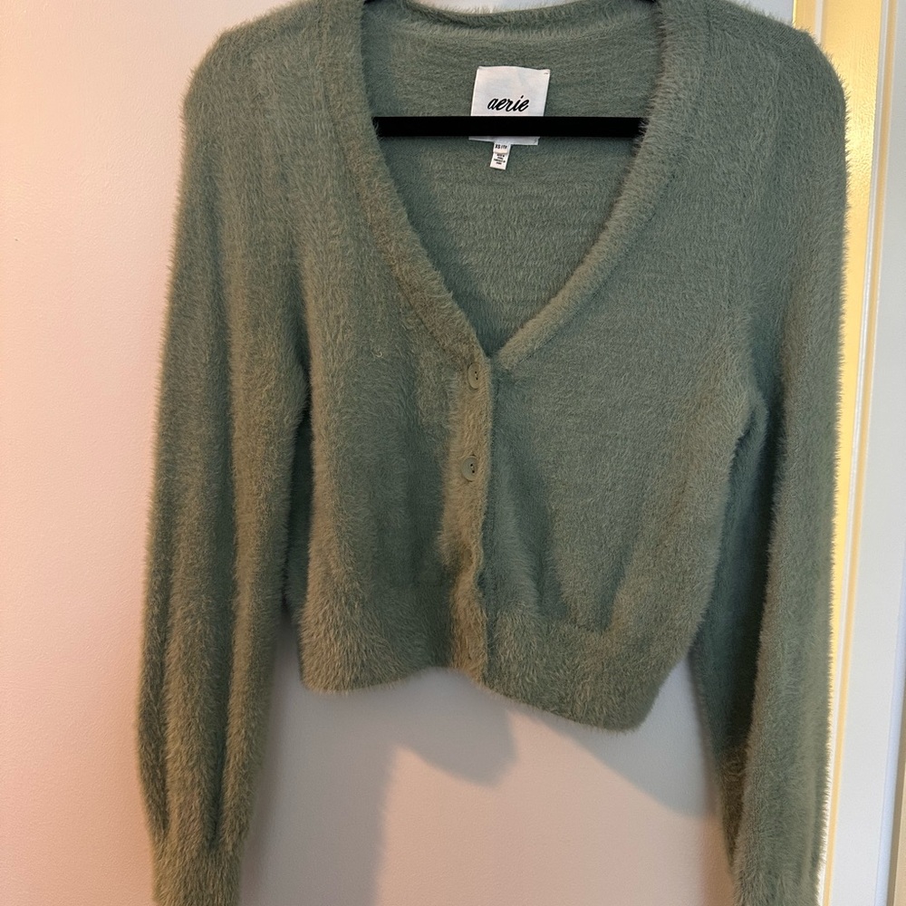 Aerie Green Cardigan Sweater V-Neck Cropped